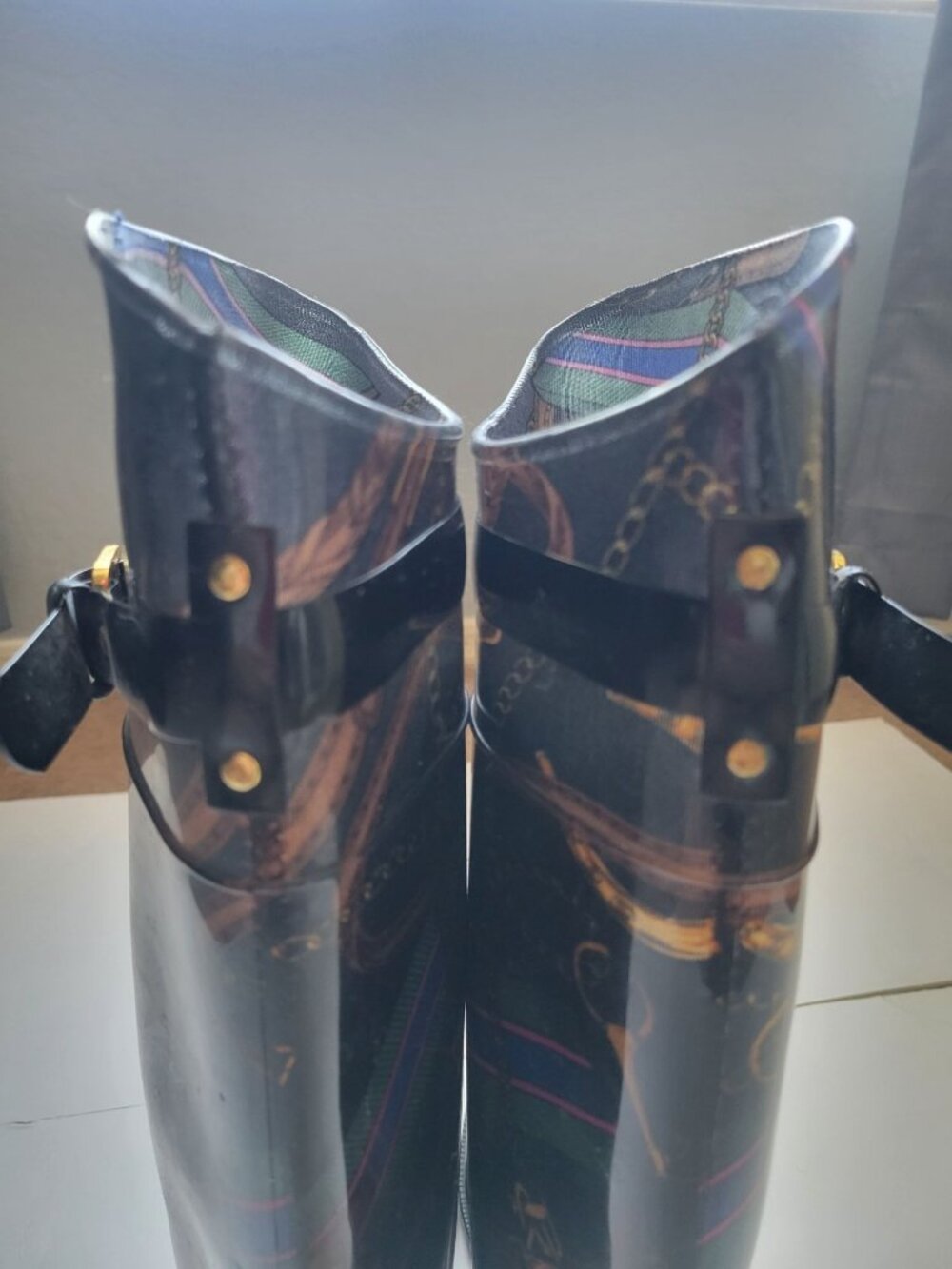 Lauren Ralph Lauren Rossalyn II rain boots black equestrian belt gold rope 8 - Picture 6 of 11